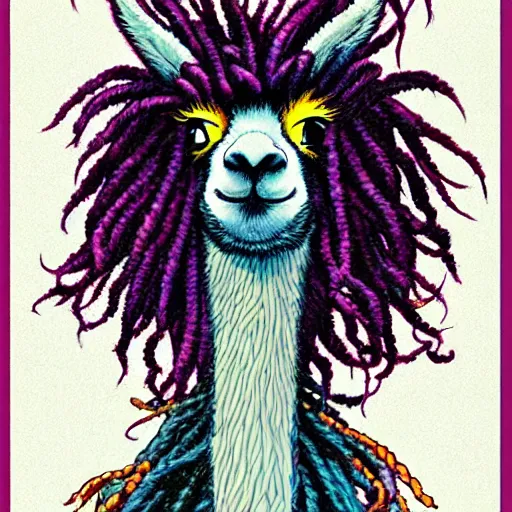 Prompt: llama with dreadlocks, heroic pose, by Katsuhiro Otomo, with beautiful colors