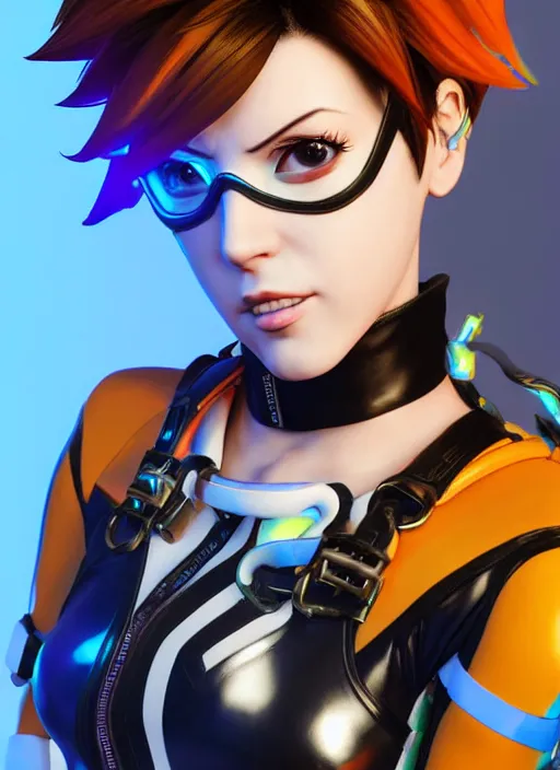 Image similar to portrait bust digital artwork of tracer overwatch, wearing white iridescent rainbow latex and leather straps catsuit outfit, 4 k, expressive happy smug expression, makeup, in style of mark arian, angel wings, wearing detailed black leather collar, chains, black leather harness, detailed face and eyes,