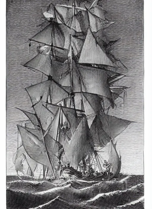 Prompt: realistic galleon on the high seas big waves moonlight, art by james o barr and albrecht durer and gustave dore, woodblock print, steel engraving, black and white, vector, vector art
