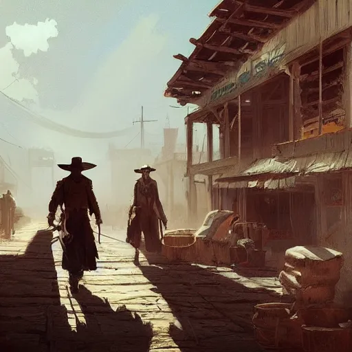 Prompt: old west concept art by greg rutkowski, high noon in a desolate town with broken down shops and a saloon, enigmatic atmosphere, beautiful and cinematic lighting, artstation hq.