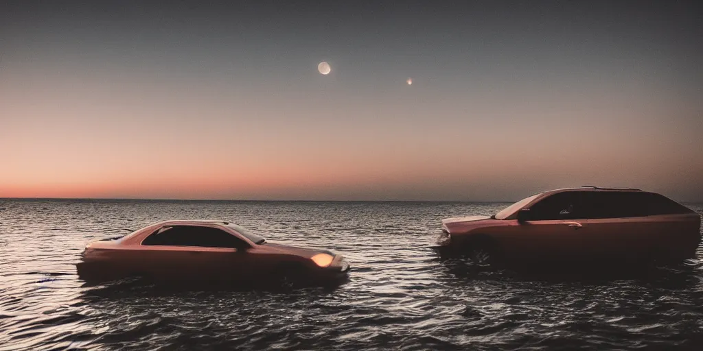 Prompt: night scene of a car floating on the sea, cinematic and dramatic lighting