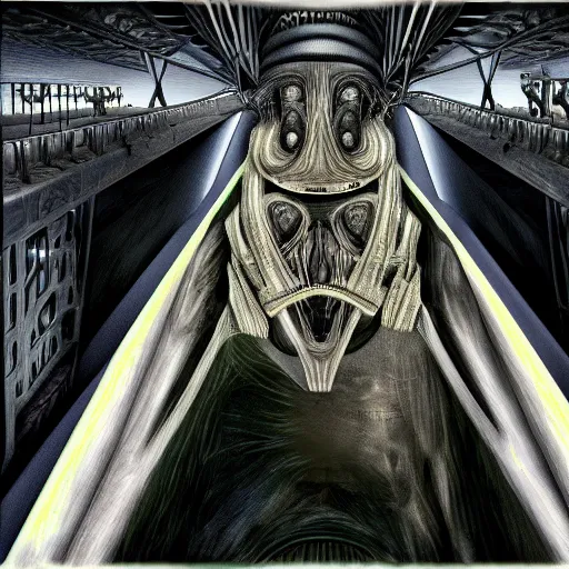 Image similar to metallic bridge eating a person, h. r. giger digital painting