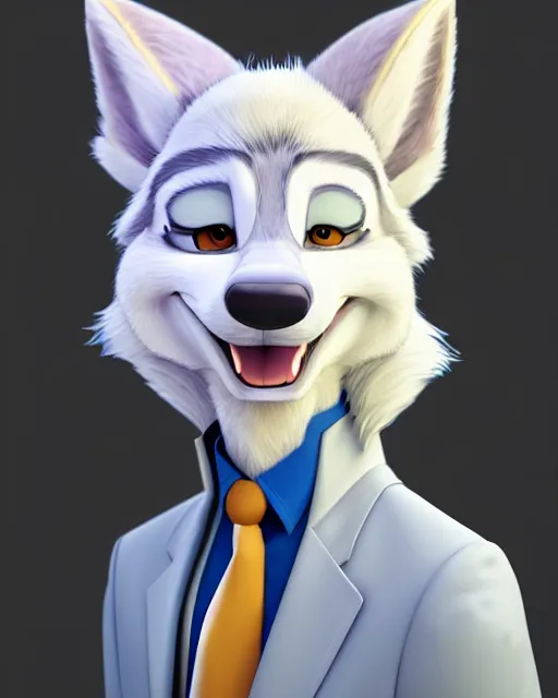 Image similar to portrait of cute male anthropomorphic white wolf in the style of zootopia in cyberpunk city, volumetric light, artstation, concept art, 8 k, high detail, perfect