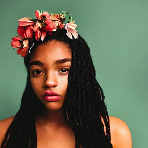 Image similar to realistic photoshoot for a lookbook, color film photography, portrait of a beautiful woman in style of tyler Mitchell, person has a flower in her hair, 35mm, graflex