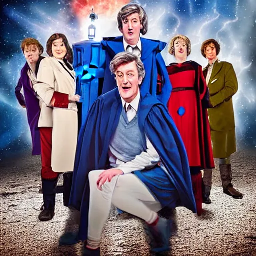 Image similar to stephen fry as doctor who, bbc promotional artwork, full cast shot