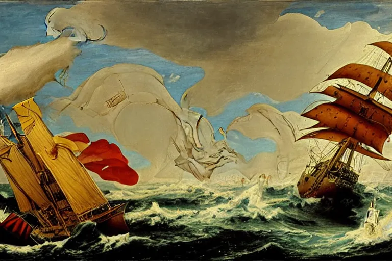 Image similar to A sea monster attacks a ship, Hans Savery the Elder (1626), oil on canvas, detailed brushstrokes