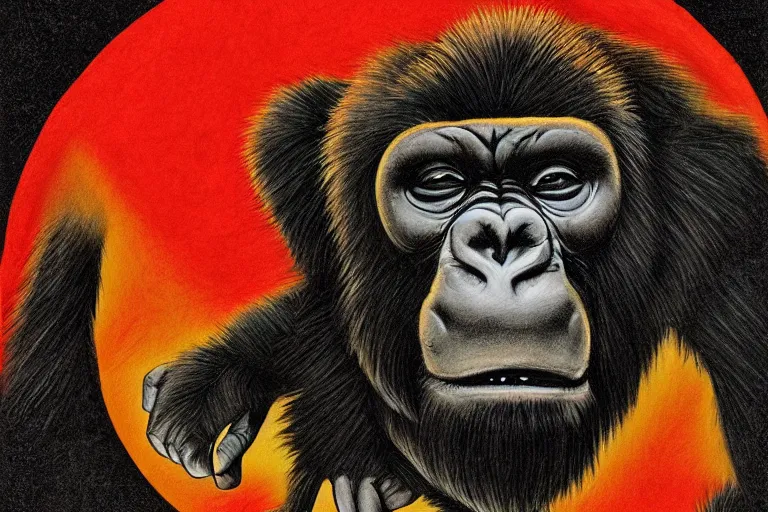 Prompt: gorilla cursed by the cave crest, in the style of alan gutierrez and alexander leydenfrost, trending on artstation, moon light microscopic view colored pencil art, movie poster, symmetrical, tintype photo, oil painting