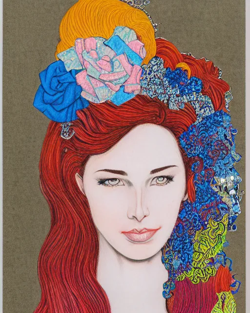 Image similar to a young woman with an extravagant hair style, colored pencil rendering graphic collage in the style of Erica Rose Levine