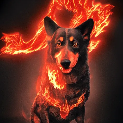 Image similar to hellhound with the head of a corgi and the body of a demon dog, flames, dark and intense red lighting, the hellhound is snarling, ultra realistic