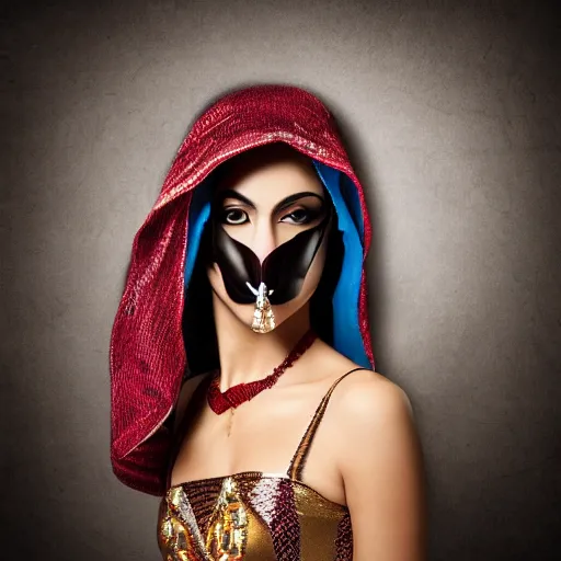 Image similar to fantasy arabian woman with mask, portrait photo, studio light, hdr, commercial shot