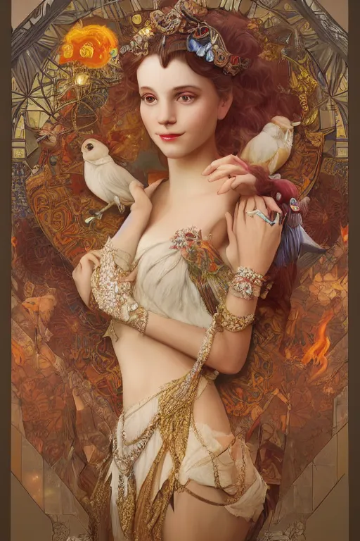 Image similar to zoom in 3 d render of english princess holding birds, fire, diamonds, ornaments, mucha vibe, dieselpunk, solarpunk, artstation, andrei riabovitchev