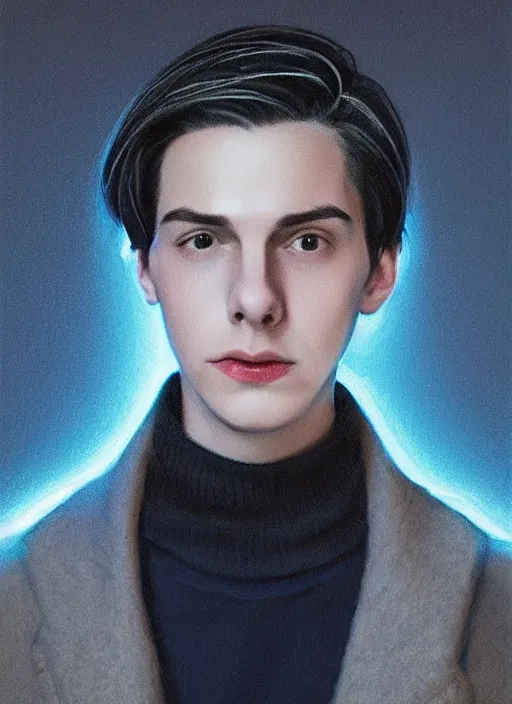 Image similar to portrait of teenage jughead jones wearing a light grey crown, crown, blue turtleneck, 1 9 5 0 s, closed eyes, photorealistic, black hair, glowing lighting, intricate, elegant, glowing lights, highly detailed, digital painting, artstation, concept art, smooth, sharp focus, illustration, art by wlop, mars ravelo and greg rutkowski