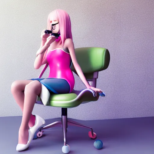 Prompt: high quality portrait of gaming girl with controller sitting futuristic tall chair, lollipop candy, fashion photo, cool lighting, 3D render, pastel color