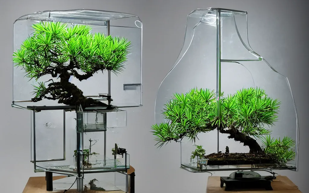 Prompt: a plant incubator made of china furniture, glass, stainless steel, precision instruments and screens. there is a pine bonsai inside. there are many transparent hoses filled with water and mist in the glass box. there are two nozzles on both sides of the box spraying water mist, by rene magritte