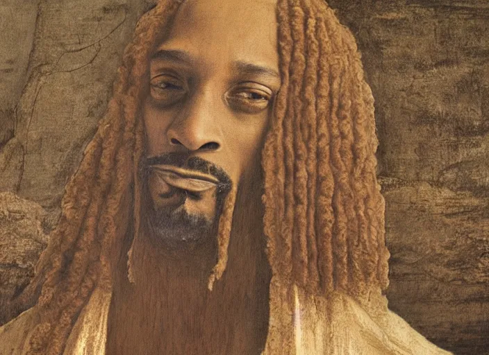 Image similar to a very high resolution image from a new movie, snoop dogg. drawn by leonardo da vinci. mountains, directed by wes anderson