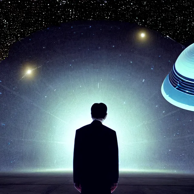 Image similar to a photo of bob lazar standing in area 5 1, alien spaceship and flying saucers inside hangar with open doors in background, starry night sky, cinematic lighting, detailed symmetrical face, photorealistic, highly detailed