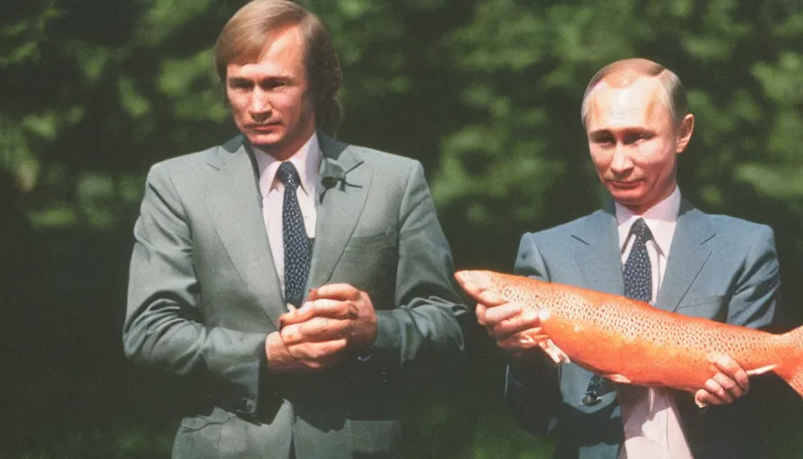 Image similar to 7 0 s movie still of putin in tellsell, proudly holding a salmon. cinestill 8 0 0 t _ 3 5 mm eastmancolor, heavy grain, high quality, high detail