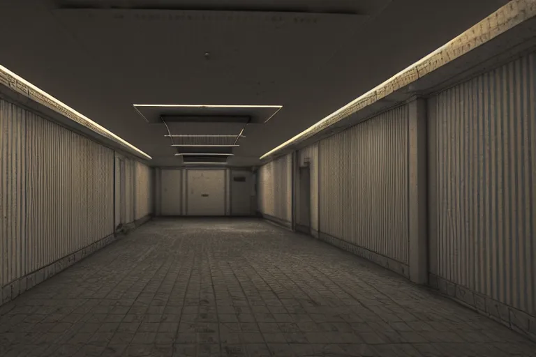 Prompt: a cinema 4 d rendering of a dark spacecraft interior, corridor, rows of doors, sparks from ceiling lights in the style of dead space, cinematic depth of field, anamorphic lens