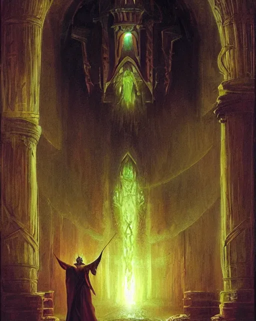 Prompt: A dark mage. He is wearing mage armor and a crown. He is frowning seriously. He is preparing to cast a dark spell. He is standing in a wizards room. Award winning oil painting by Thomas Cole and Wayne Barlowe. Highly detailed