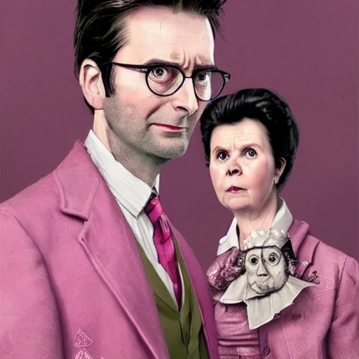 Prompt: david tennant and imelda staunton as dolores umbridge in pink clothes with the tenth doctor who, highly detailed, artstation, concept art, smooth, sharp focus, illustration, perfect face, art by willem claesz. heda, nikolay makovsky, jacek malczewski, arthur hughes, edward okun