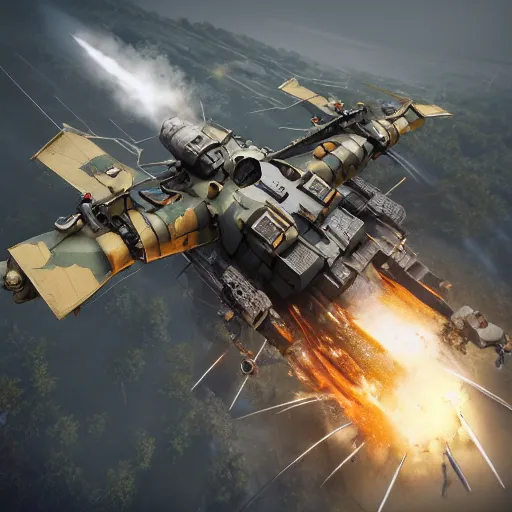 Image similar to !dream big battle helicopters flying firing missiles heavy firing artilery shells flying award winning, trending on artstation, unreal engine