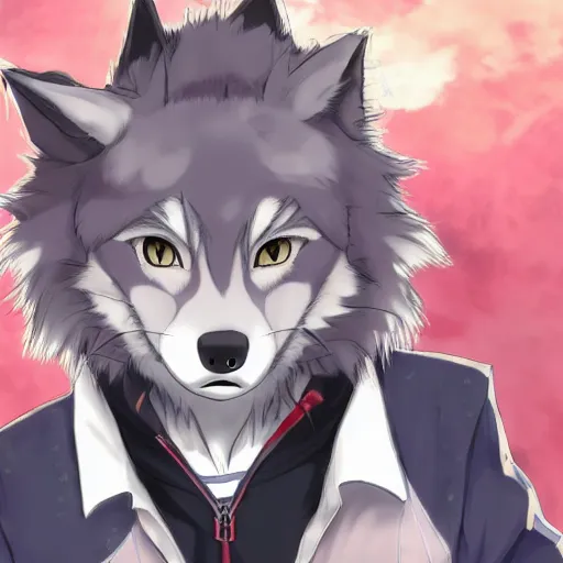 Image similar to key anime visual portrait of an anthropomorphic anthro wolf fursona, in a jacket, with handsome eyes, official modern anime art