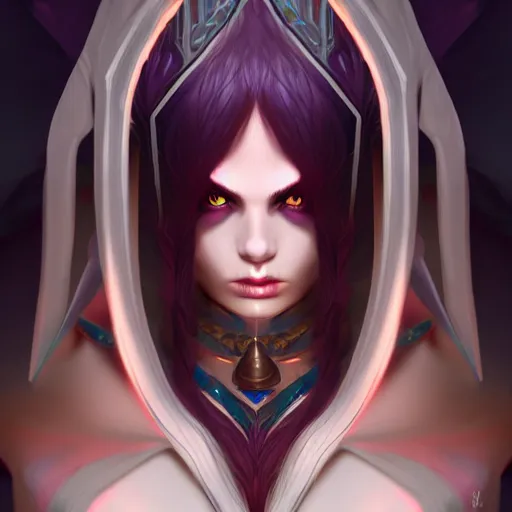 Image similar to dark sorceress full view, symmetrical face, highly detailed, wlop style, artstation, concept art, soft light, sharp focus, illustration, character design