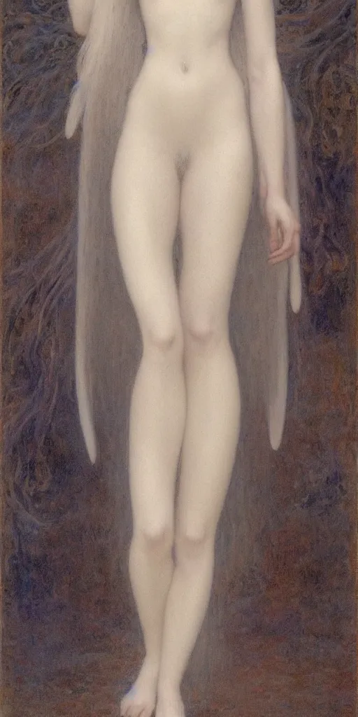 Image similar to Say who is this with silver hair so pale and Wan! and thin? beautiful lone single feminine!! angel in the style of Jean Delville, Lucien Lévy-Dhurmer, Fernand Keller, Fernand Khnopff, oil on canvas, 1896, 4K resolution, aesthetic, mystery