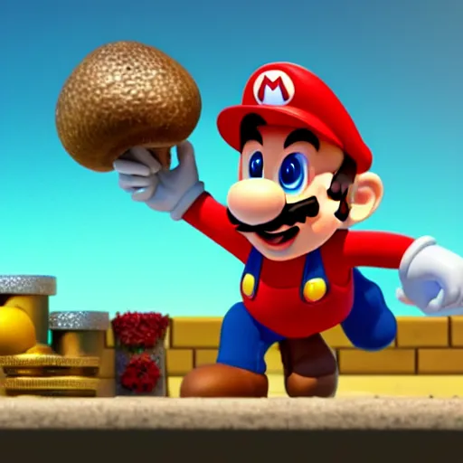 Image similar to A Still of Super Mario in an animated Disney Pixar movie holding a gold coin in the mushroom kingdom, dynamic pose, promotional render, 35mm f2.8, 4k, artstation, PBR materials, Pixar renderman render