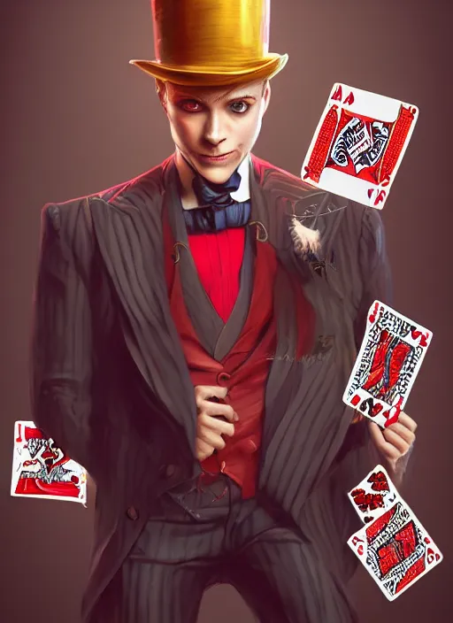 Prompt: a highly detailed illustration of stylish top hat wearing red haired attractive man, wearing suit vest, flashy leaning back holding playing cards pose, intricate, elegant, highly detailed, centered, digital painting, artstation, concept art, smooth, sharp focus, league of legends concept art, WLOP