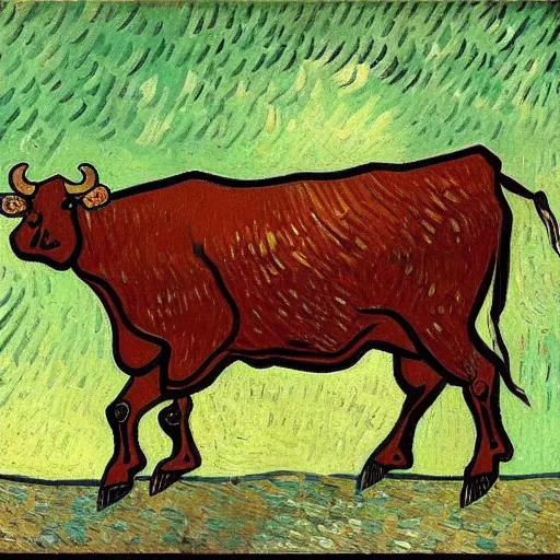 Image similar to a brown cow falling down an endless flight of stairs, van gogh painting