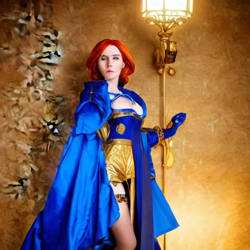 Prompt: Triss Merigold cosplay, beautiful ornate blue and gold robe, golden ornamental leaf shaped festoon, warmly lit posh study, cinematic dramatic lighting, gorgeous female model