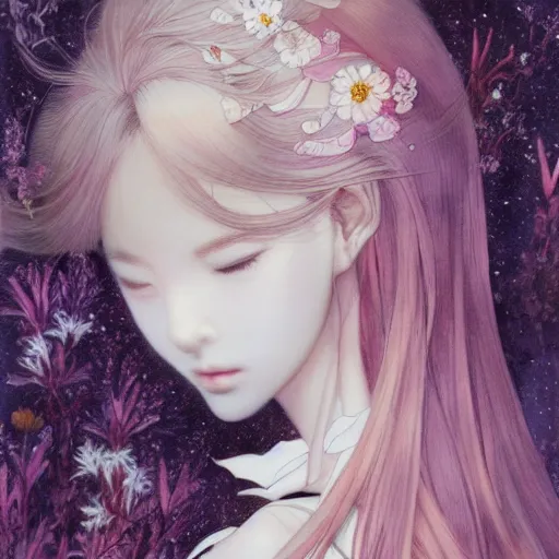 Image similar to princess Portrait by Miho Hirano, manga, realistic, detailed, white, light pink tonalities, beautiful collage technique including flora, sea, wind, ornate sea background, beautiful Fantasy detailed trending on artstation, oil painting,Dramatic lighting, eterea , high quality print, fine art with subtle redshift rendering