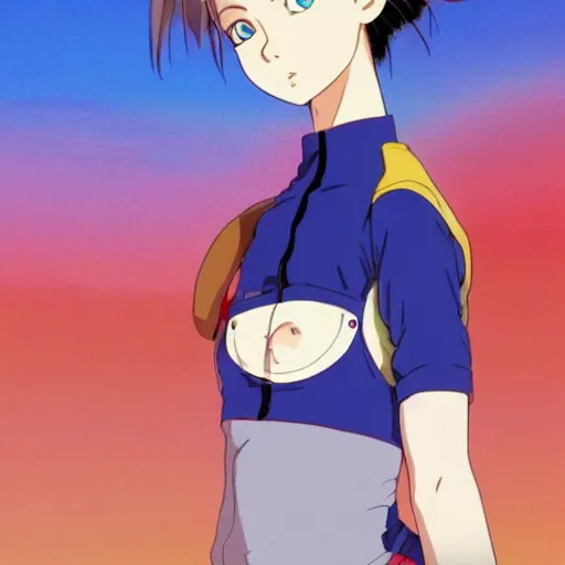 Image similar to a beautiful! boyish! natalie portman as bulma alluring gravure! model, wearing hip hop mayan bomber jacket and leotard with native style overalls, bulky poofy bomber jacket with mayan patterns, guilty gear art style, trending on pixiv, painted by makoto shinkai takashi takeuchi studio ghibli, akihiko yoshida