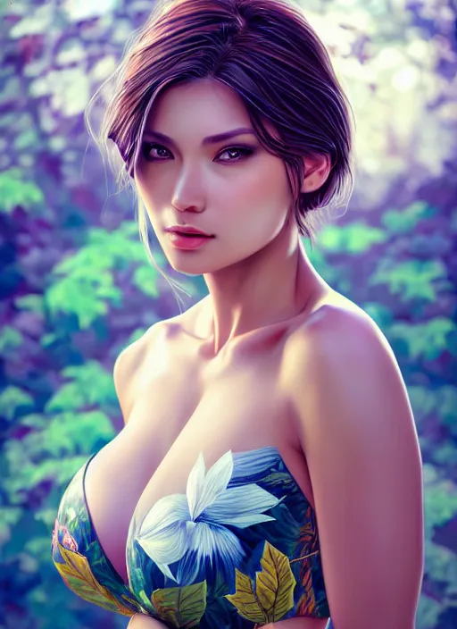 Image similar to photo of a gorgeous female in the style of stefan kostic, realistic, half body shot, sharp focus, 8 k high definition, insanely detailed, intricate, elegant, art by stanley lau and artgerm, extreme bokeh foliage