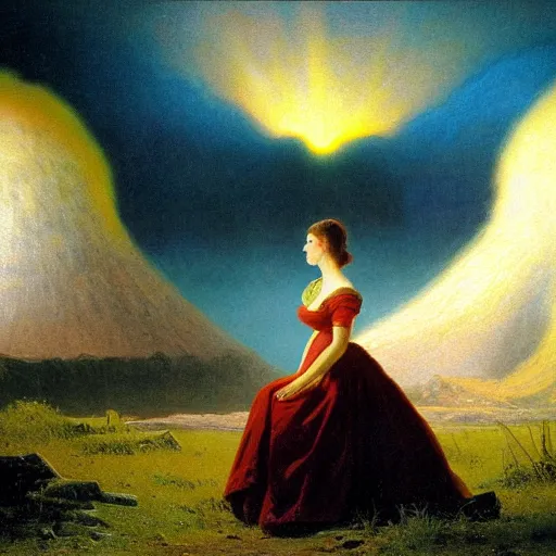 Image similar to beautiful young woman looking at giant nuclear explosion, artwork by Bierstadt, Albert