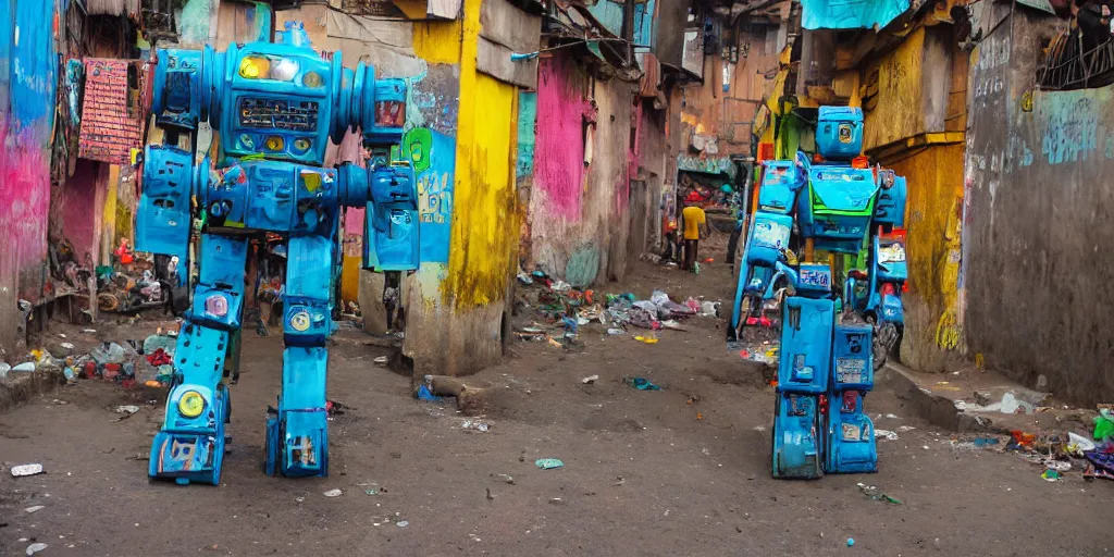 Image similar to colourful giant mecha ROBOT of AJEGUNLE SLUMS of Lagos, markings on robot, slums are neon lit, Night time,