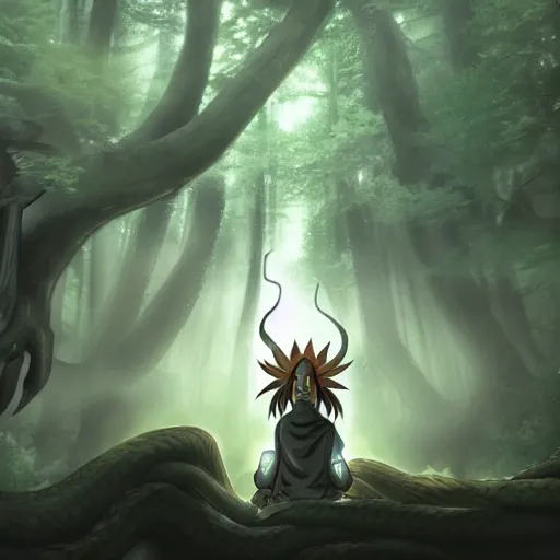 Prompt: kabuto the dragon sage meditates in a dark forest. surrounded by serpents of all sized, orochimaru madaraultra hyper detailed realistic matte painting artstation narutoverse stylized beautiful lighting moody gloomy