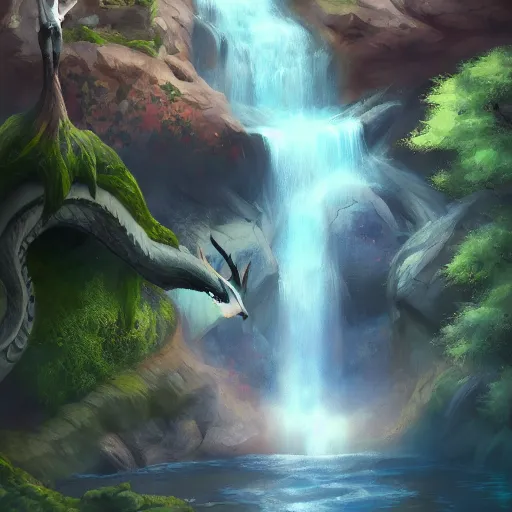 Prompt: beautiful photoshop commission of a slender dragon relaxing by a waterfall, digital painting, artstation, art by Jaime Jones