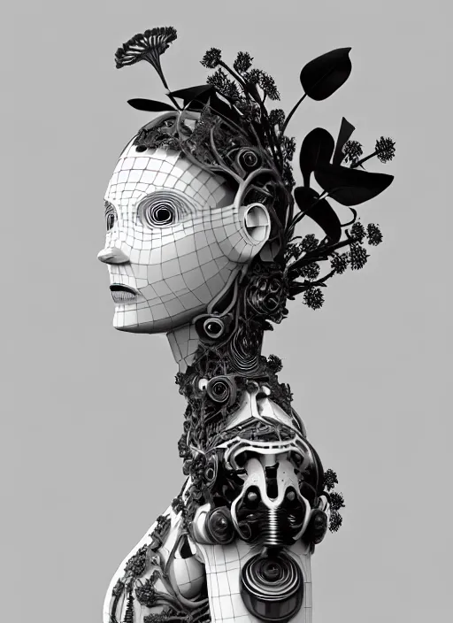 Image similar to black and white 3 d model, biomechanical female cyborg with porcelain profile face and a big floral eye, big leaves foliage and stems, morning glory flowers, hibiscus flowers, boho floral vines, sinuous fine roots, fine filigree foliage lace, alexander mcqueen, rim light, art nouveau fashion pearl embroidered, steampunk, redshift render, 8 k