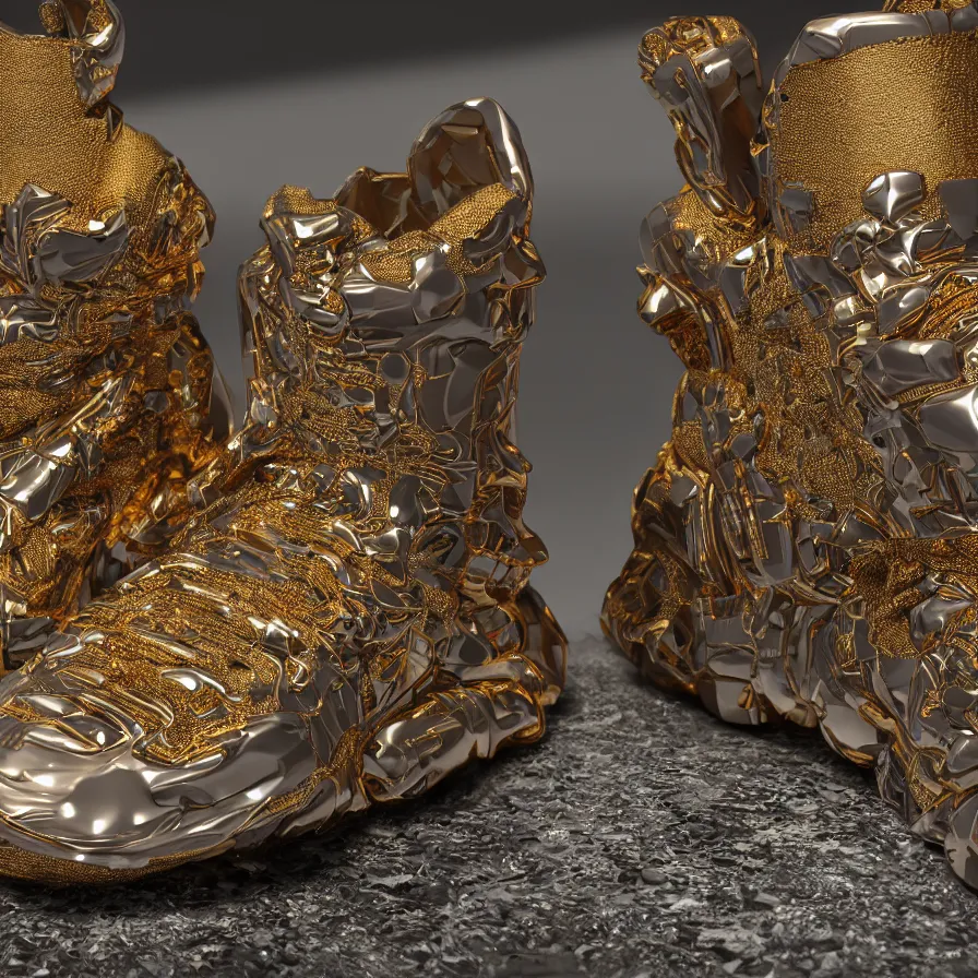 Image similar to futuristic balenciaga sneakers, nft art, highly detailed, hyper realistic, a ton of bussdown iced gold bling in wallace & gromit strata - cut claymation, ultra realistic, concept art, intricate details, serious, highly detailed, photorealistic, octane render, 8 k, unreal engine