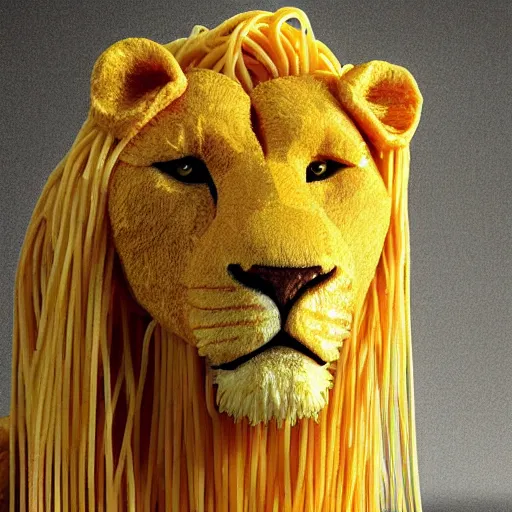 Image similar to a lion made of spaghetti, spaghetti, constructed of spaghetti noodles, realistic photograph