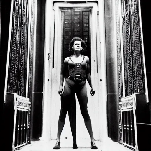 Image similar to detailed professional photographic portrait of Sigourney Weaver as ripley wearing a white singlet and her cat Jonesy moving apartment New York City 1983, gothic building entrance way Art Deco light style of H.R. Giger, cinematic feel, high octane