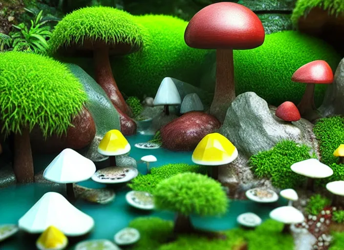 Image similar to low poly total of a porcelain garden las pozas, wide angle shot, soft focus, global illumination, radiant light, colorful aquatic plants, colorful mushrooms, puffballs, rhizomorphs, octane highly render, 4 k, ultra hd,