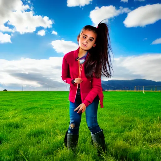 Image similar to a young spanish girl plays on a great green meadow, she wears a jacket, jeans and boots, she has ponytails, photo taken by a nikon, highly detailed, sharp focus