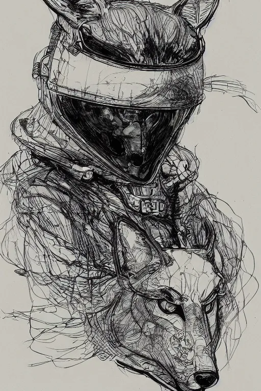 Image similar to portrait of a man in kitsune demon fox mask and black suit wearing astronaut helmet, pen and ink, intricate line drawings, by craig mullins, ruan jia, kentaro miura, greg rutkowski