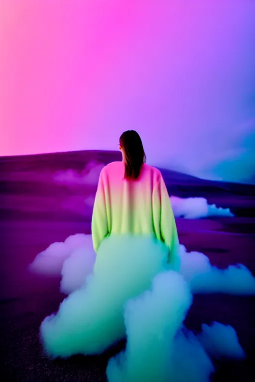 Image similar to high quality pastel coloured film close up wide angle photograph of a model wearing clothing resting on cloud furniture in a icelandic black rock!! environment in a partially haze filled dreamstate world. three point light, rainbow. photographic production. art directed. pastel colours. volumetric clouds. pastel gradient overlay. waves glitch artefacts. extreme facial clarity. 8 k. filmic.