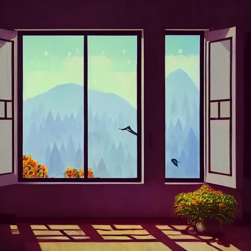 Image similar to Photorealistic meditative room in the morning sunlight with windows showing a beautiful garden, vivid colors, serene, moving, masterpiece, detailed painting by Alena Aenami, by Wes Anderson, by Elsa Beskow