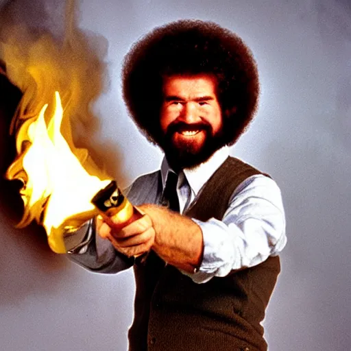 Image similar to bob ross holding a flame thrower