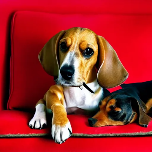 Prompt: a digital photo of a beagle and a daschund on a red victorian couch.